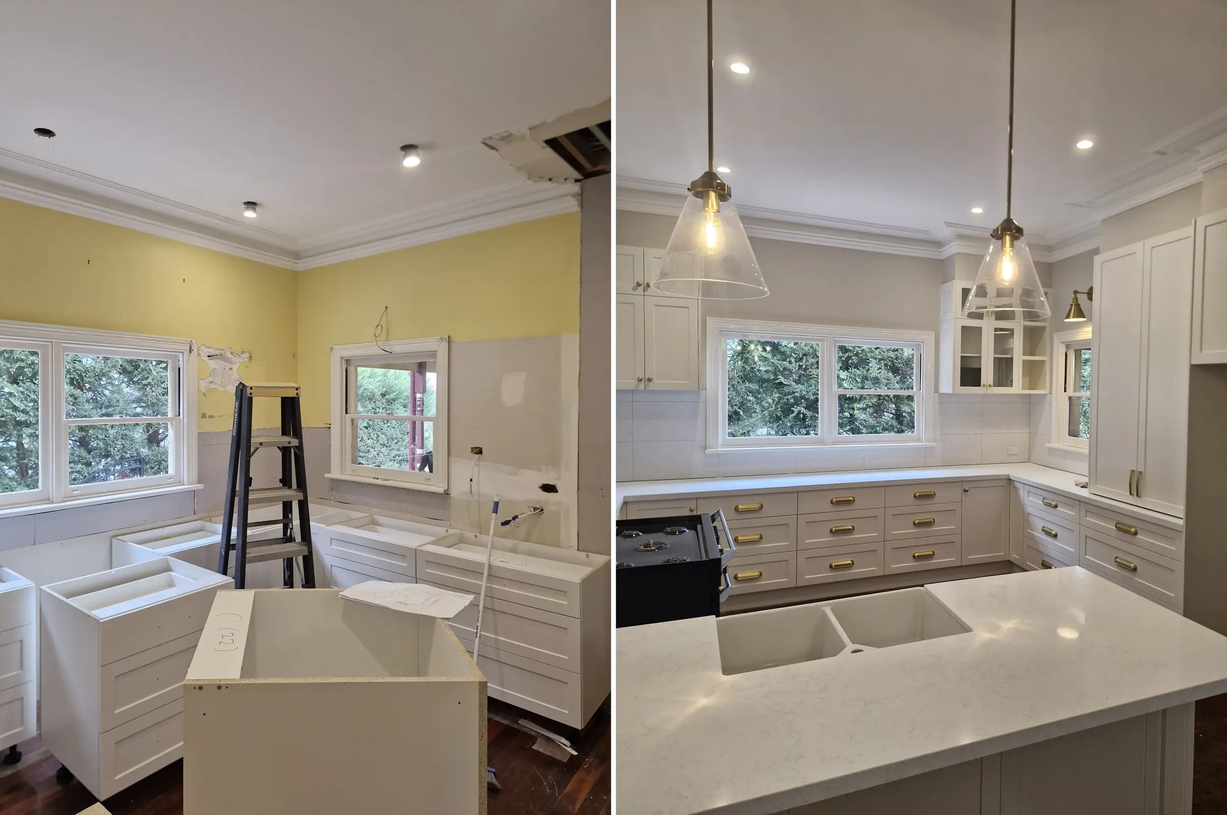 Kitchen lighting and power upgrade before and after