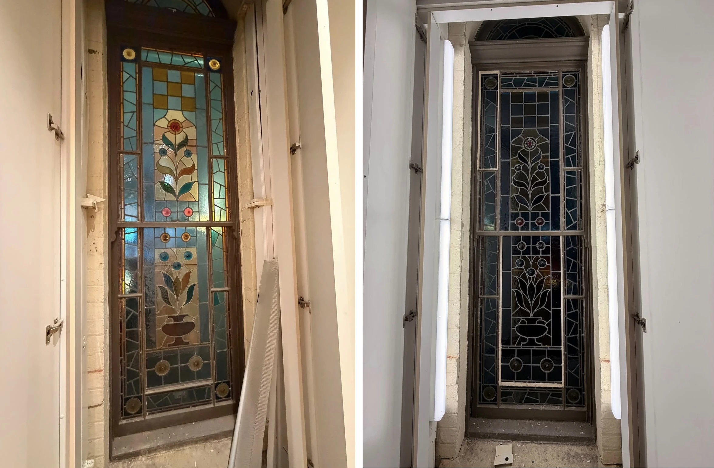 Stained glass window restoration before and after